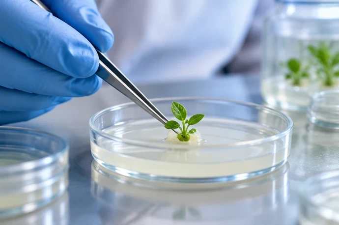 Geklede onderzoeker plaatst een plant-explant in een Petri-schaal met behulp van steriele pincetten.