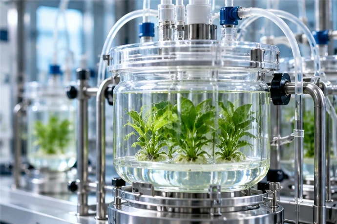 Laboratoriumbioreactor met groene plantjes voor in vitro propagatie.