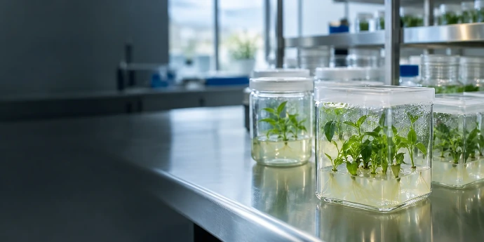 Glazen kweekpotten met jonge plantjes in een plantbiotechnologielaboratorium.