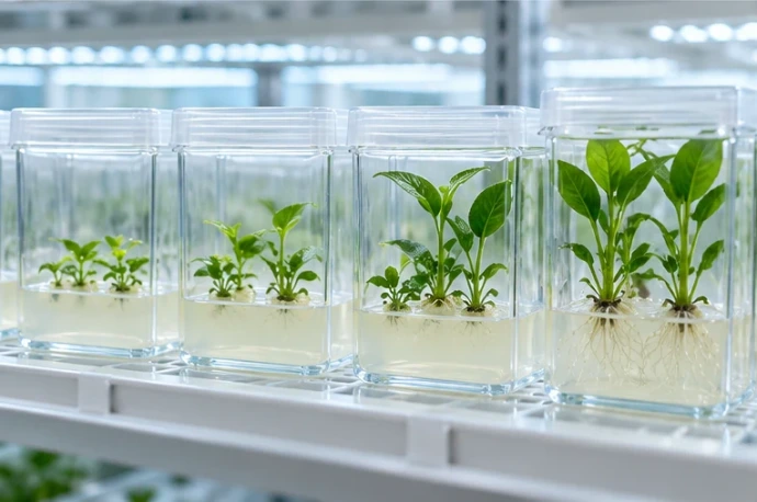 Meerdere steriele kweekvaten met plantjes voor in vitro micropropagatie.