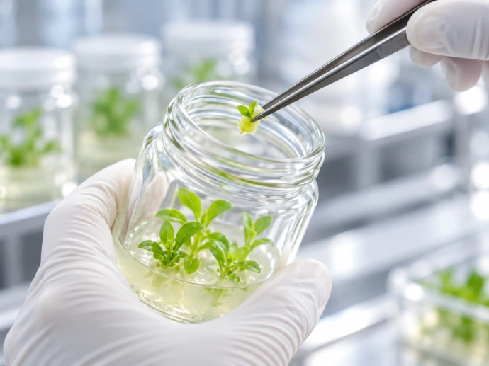Geklede onderzoeker die een plantexplant in een glazen kweekvat overbrengt.