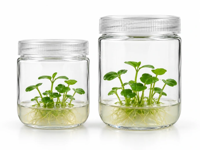 Twee plantweefselkweekpotten die plantje groei en wortelontwikkeling tonen.