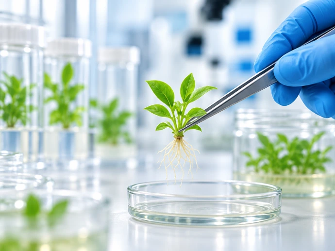 Onderzoeker die een jong plantje met een pincet behandelt tijdens plantweefselkweek.